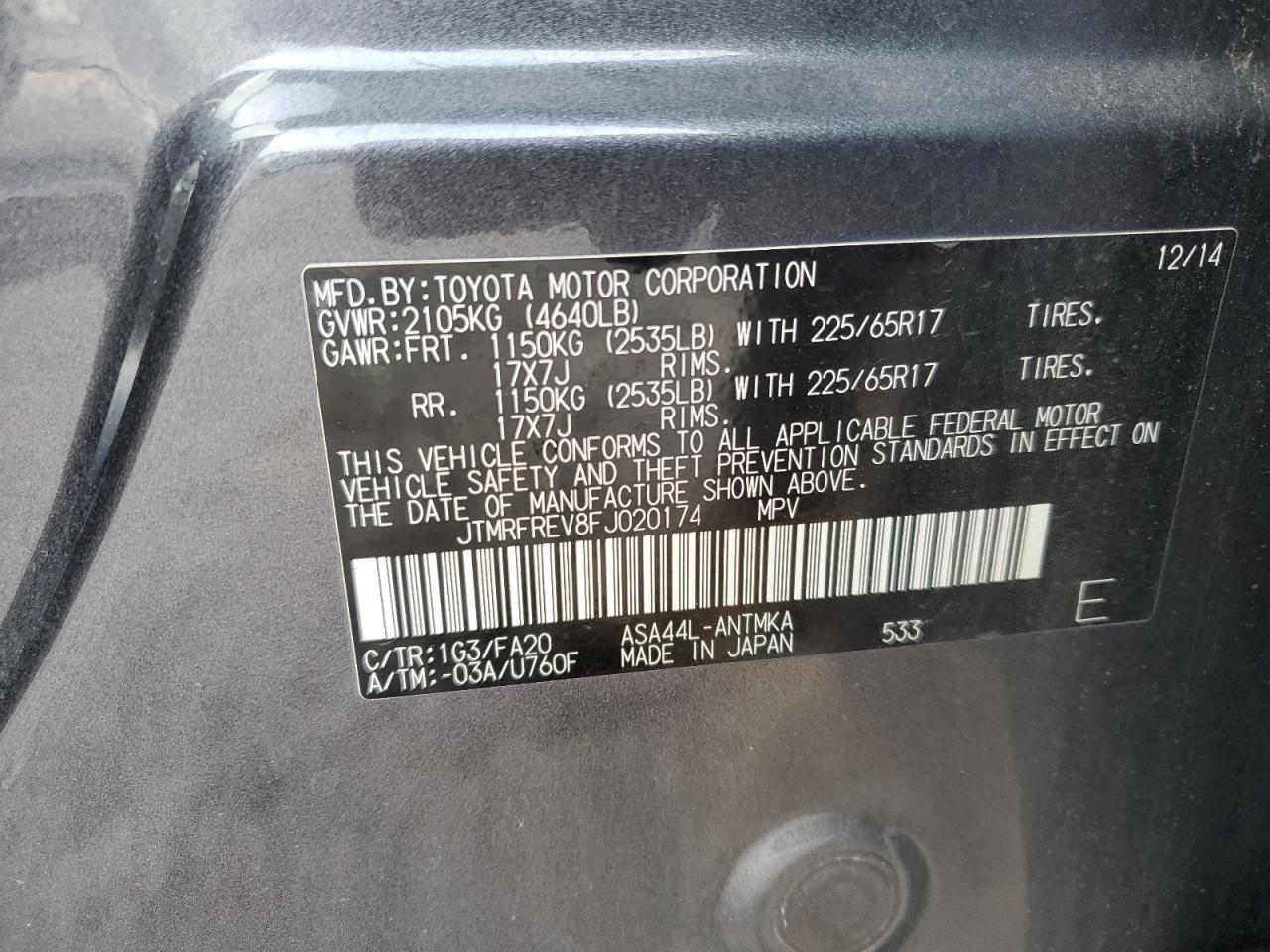 2015 Toyota RAV 4 VIN JTMRFREV8FJ020174 Copart auction photo, front end damage thumbnail 13