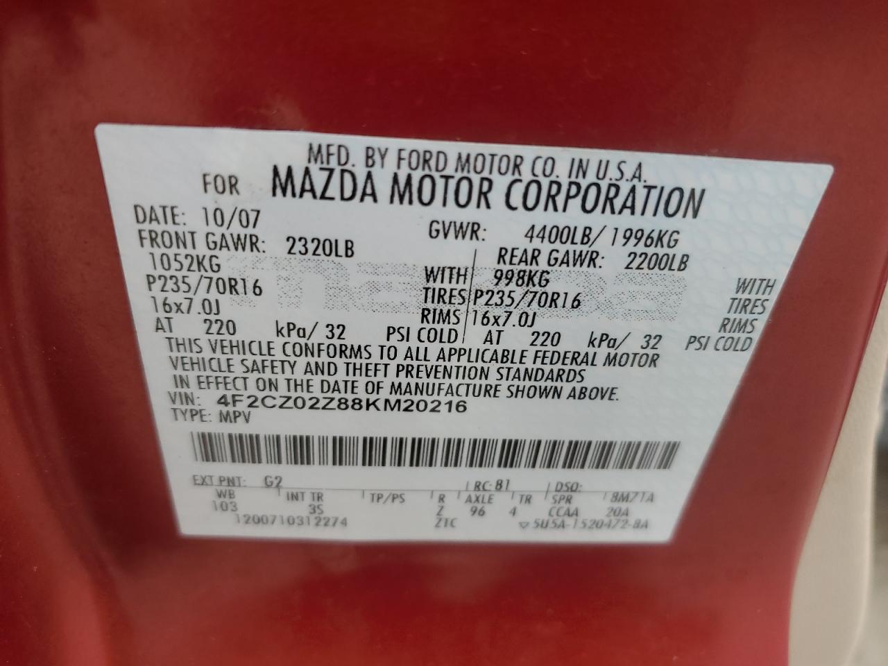 2008 Mazda Tribute VIN 4F2CZ02Z88KM20216 Copart auction photo, water/flood damage thumbnail 13