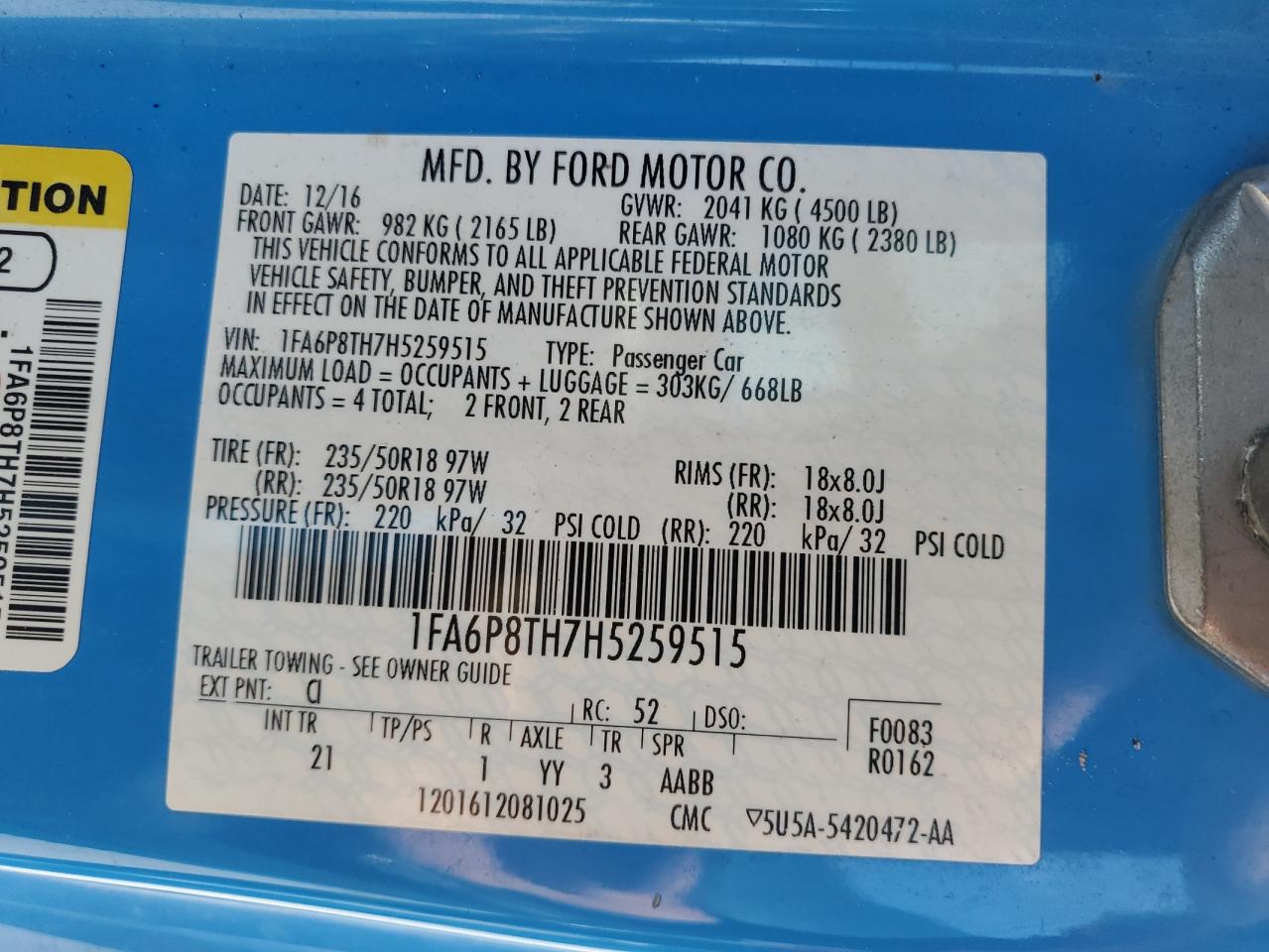 2017 Ford Mustang VIN 1FA6P8TH7H5259515 Copart auction photo, all over damage thumbnail 12