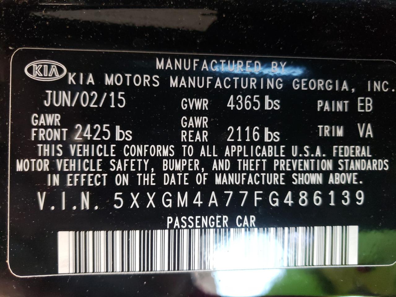 2015 KIA Optima VIN 5XXGM4A77FG486139 Copart auction photo, hail / minor dent/scratches damage thumbnail 12