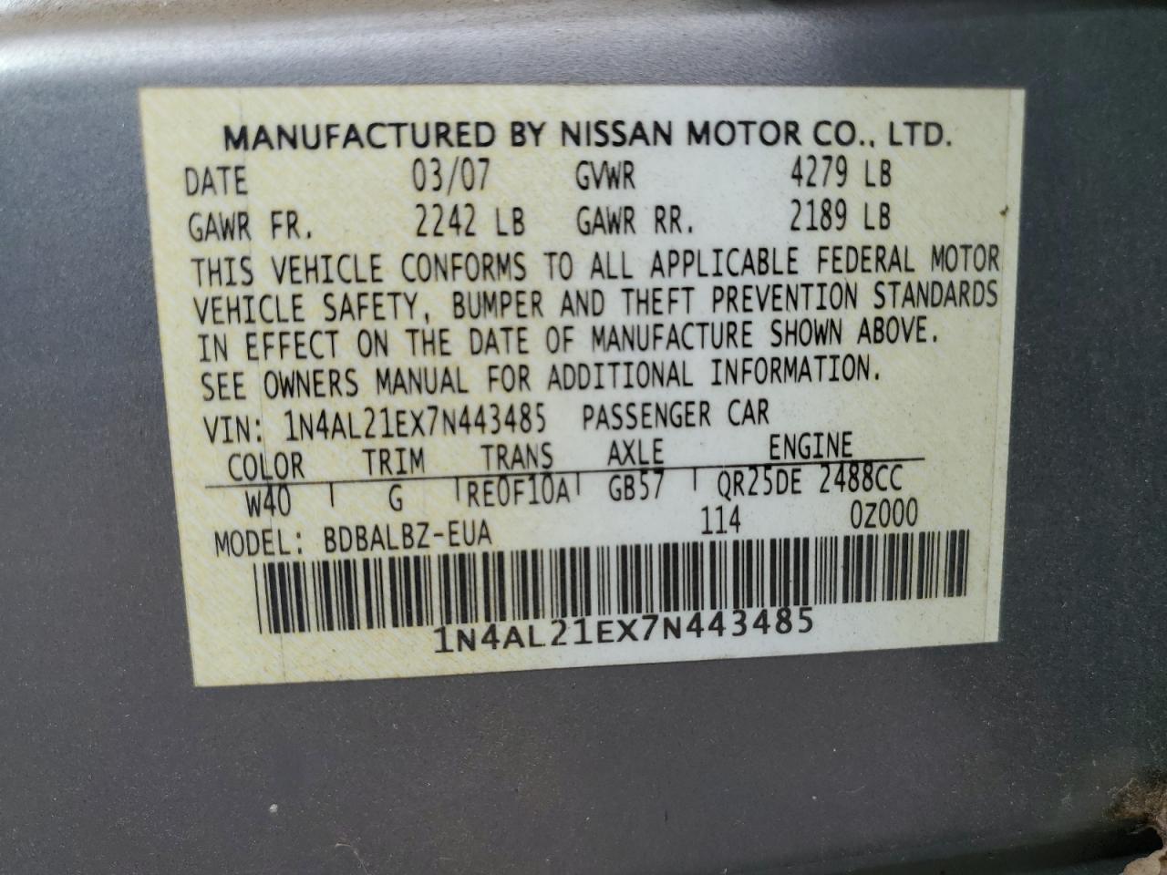 2007 Nissan Altima VIN 1N4AL21EX7N443485 Copart auction photo, front end damage thumbnail 12