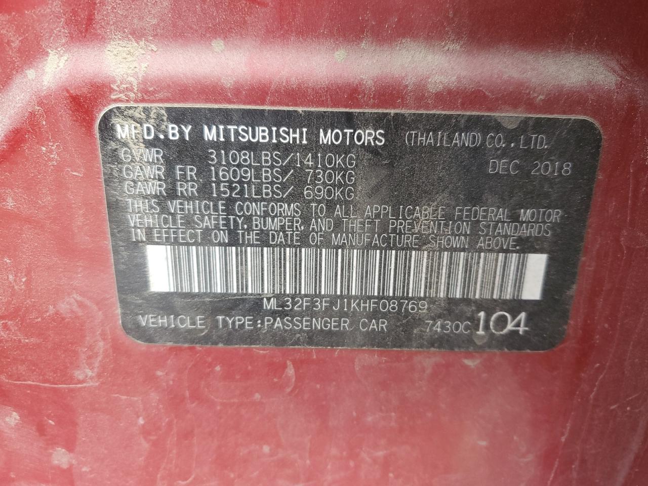 2019 Mitsubishi Mirage VIN ML32F3FJ1KHF08769 Copart auction photo, front end / rear end damage thumbnail 12