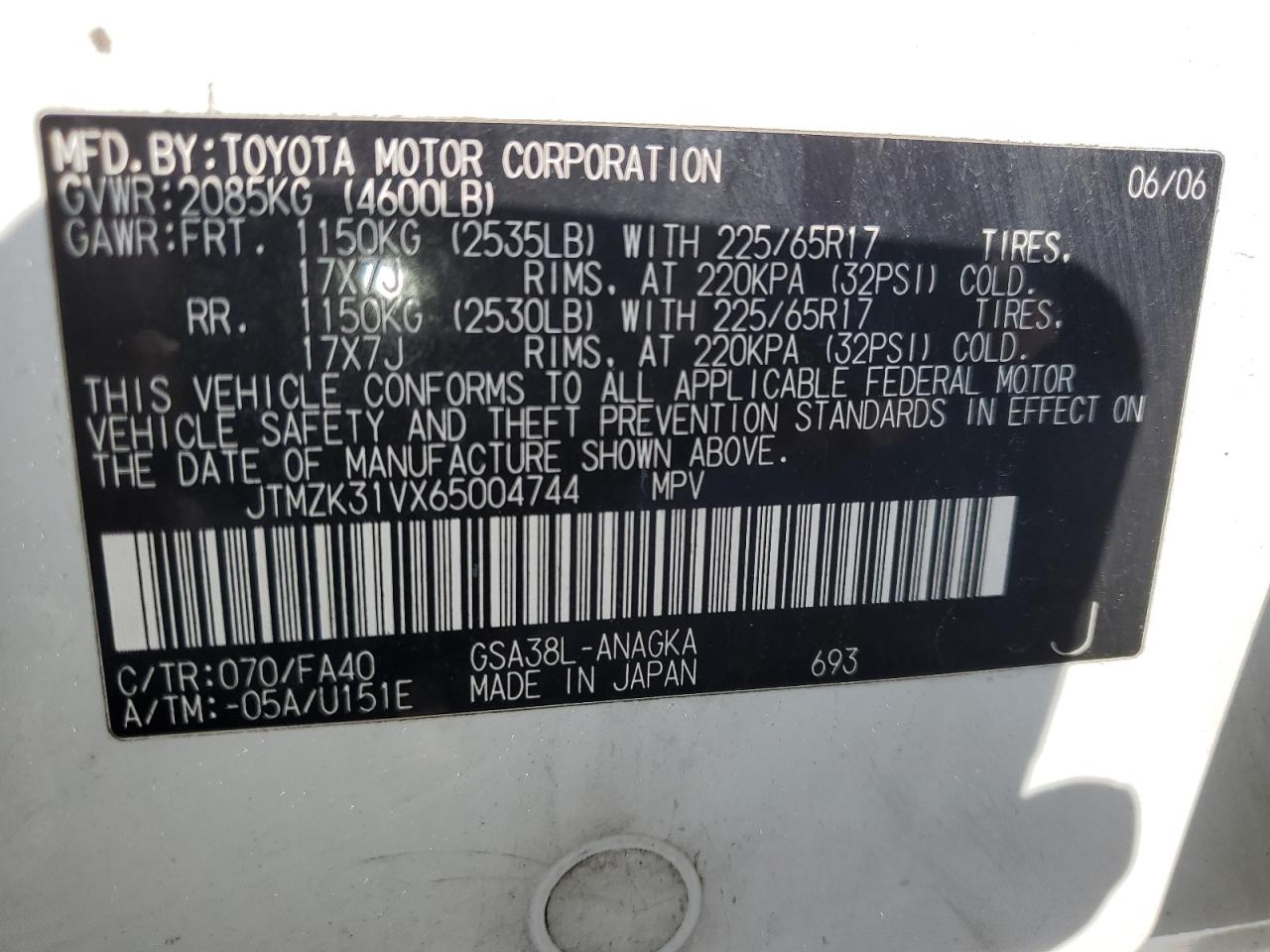 2006 Toyota RAV 4 VIN JTMZK31VX65004744 Copart auction photo, rear end damage thumbnail 15