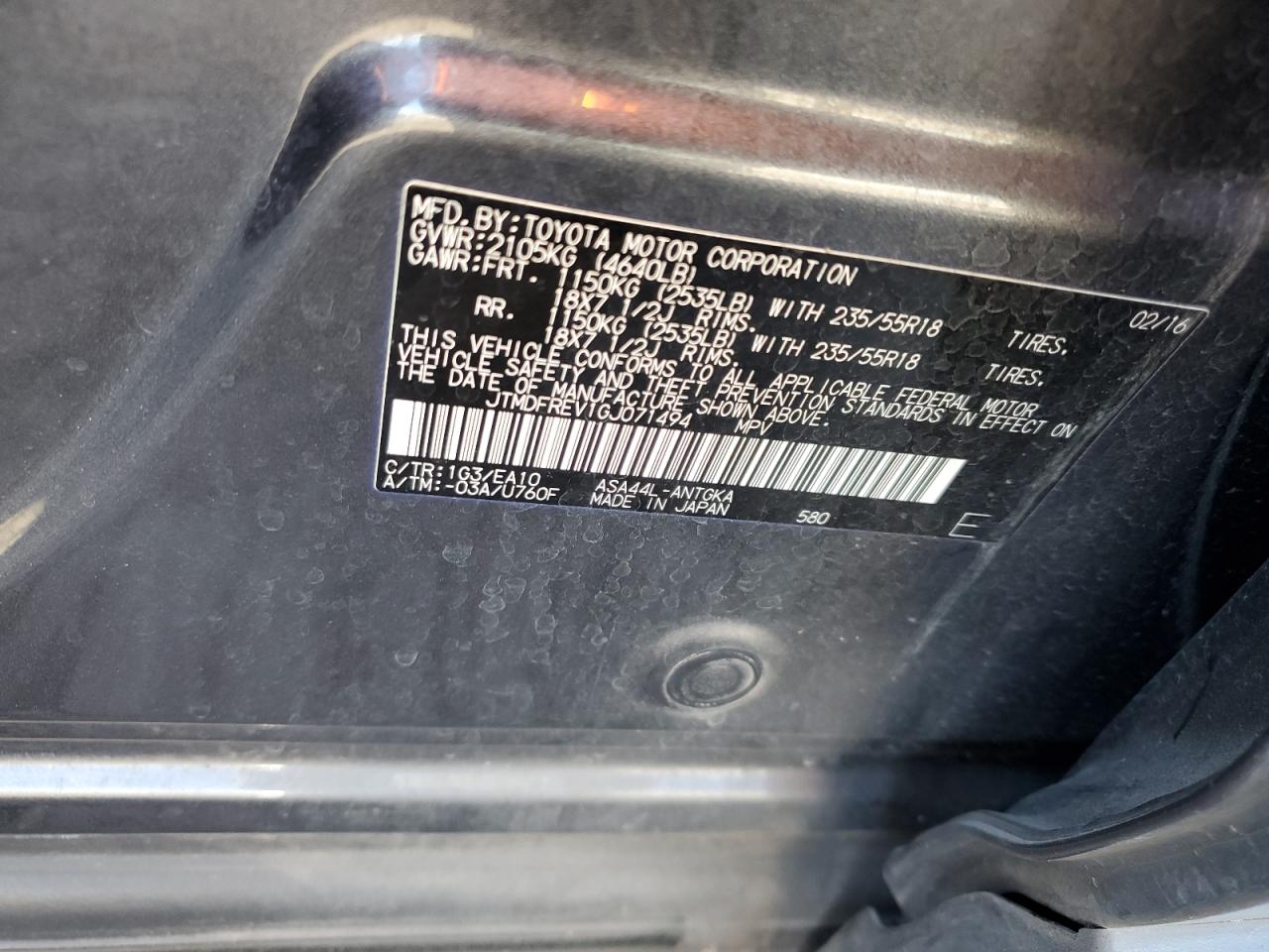 2016 Toyota RAV 4 VIN JTMDFREV1GJ071494 Copart auction photo, rear end damage thumbnail 13