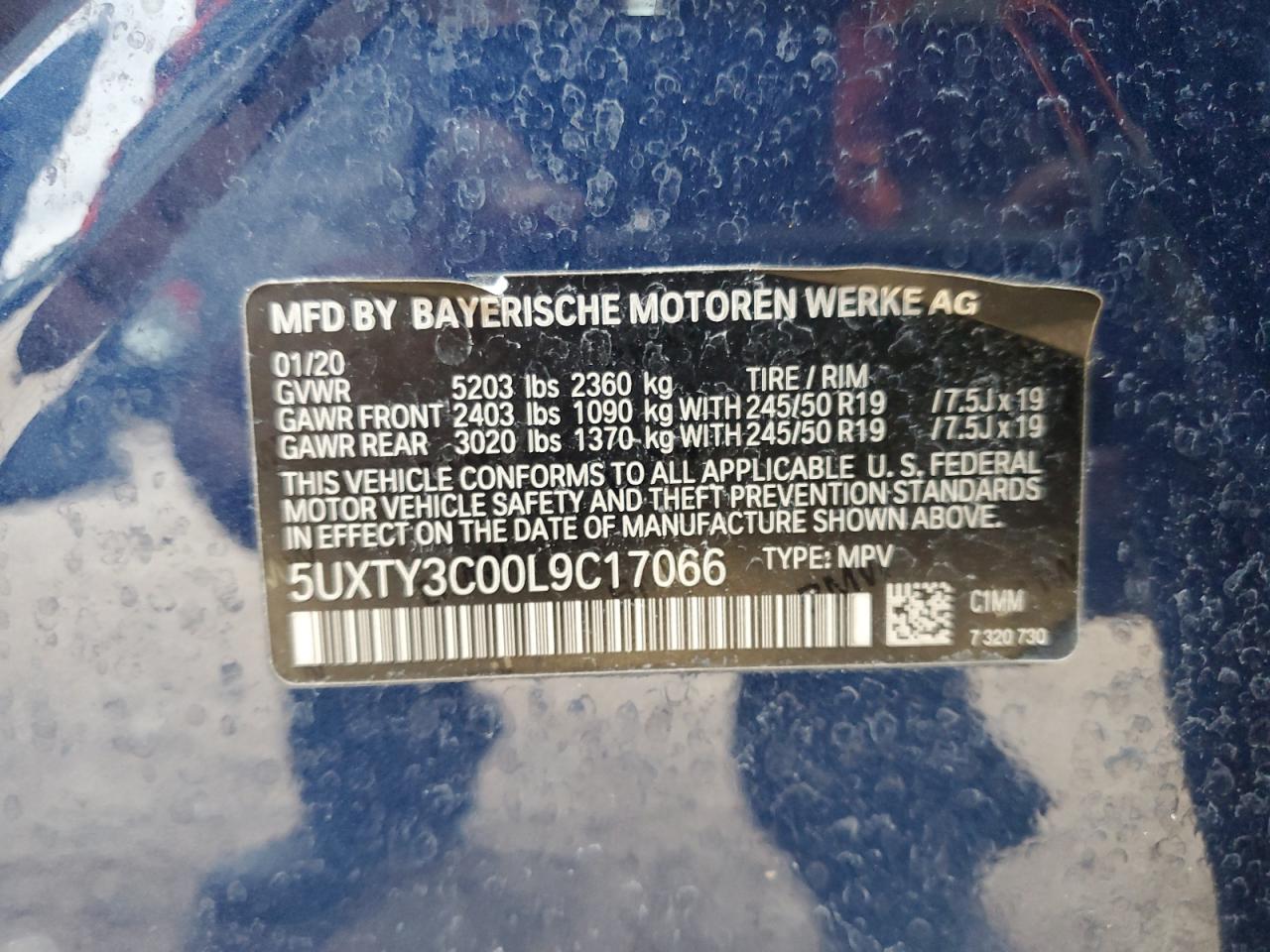 2020 BMW X3 VIN 5UXTY3C00L9C17066 Copart auction photo, front end / side damage thumbnail 14