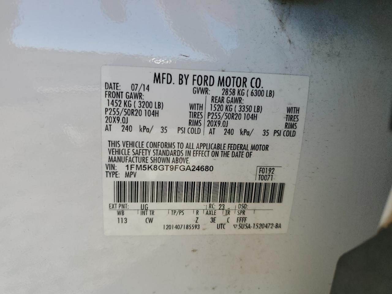 2015 Ford Explorer VIN 1FM5K8GT9FGA24680 Copart auction photo, front end damage thumbnail 12