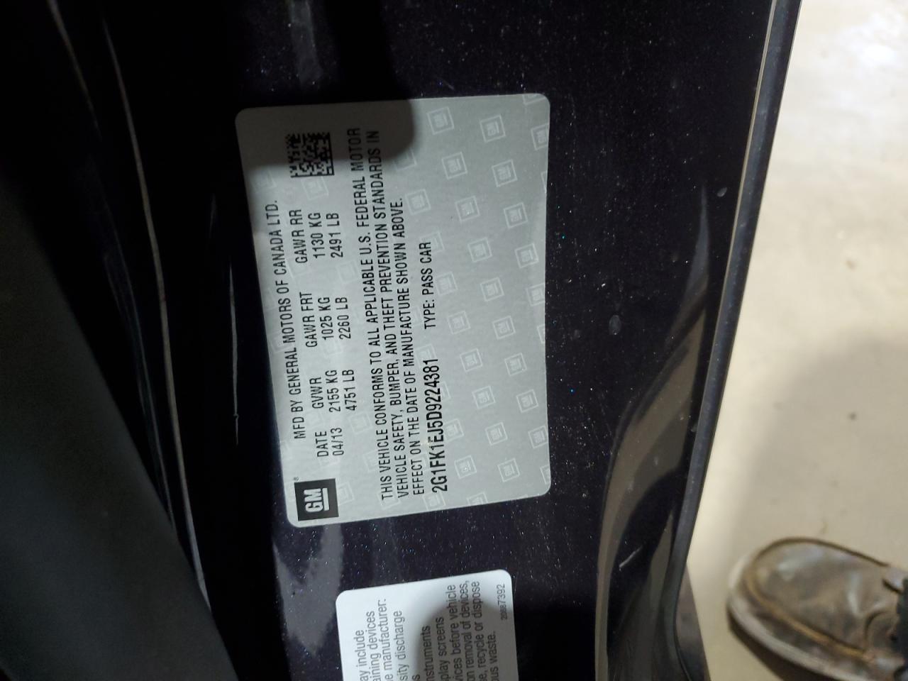 2013 Chevrolet Camaro VIN 2G1FK1EJ5D9224381 Copart auction photo, front end / minor dent/scratches damage thumbnail 12