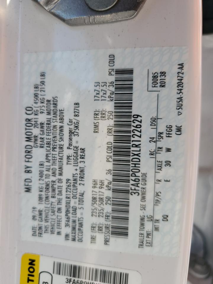 2020 Ford Fusion VIN 3FA6P0HDXLR122629 Copart auction photo, rear end damage thumbnail 12