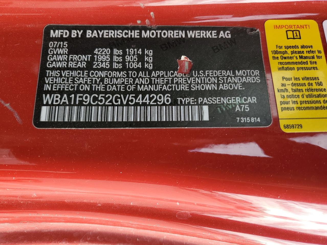 2016 BMW 2er VIN WBA1F9C52GV544296 Copart auction photo, front end damage thumbnail 14