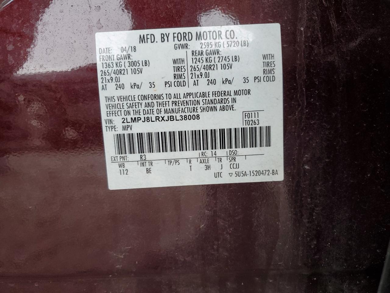 2018 Lincoln MKX VIN 2LMPJ8LRXJBL38008 Copart auction photo, front end damage thumbnail 13
