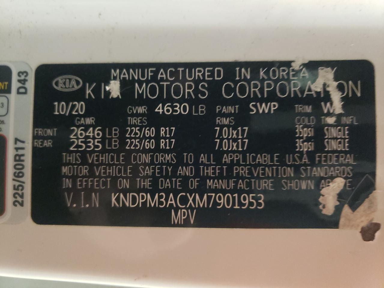 2021 KIA Sportage VIN KNDPM3ACXM7901953 Copart auction photo, front end damage thumbnail 14