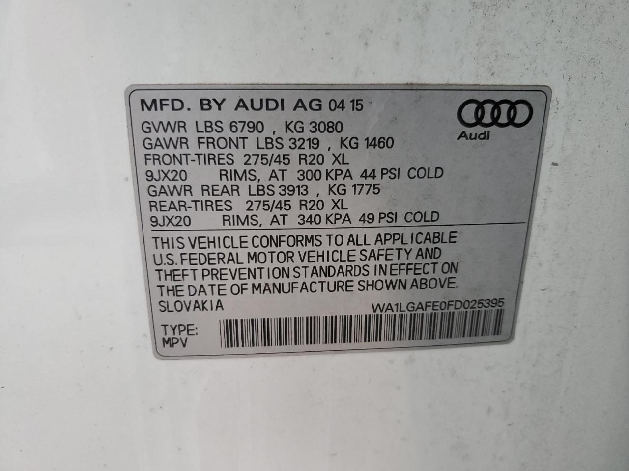 2015 Audi Q7 VIN WA1LGAFE0FD025395 Copart auction photo, front end / side damage thumbnail 13