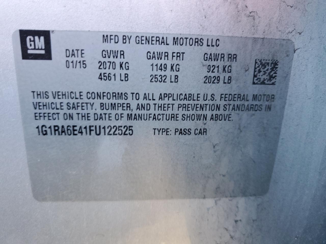2015 Chevrolet Volt VIN 1G1RA6E41FU122525 Copart auction photo, front end / minor dent/scratches damage thumbnail 12