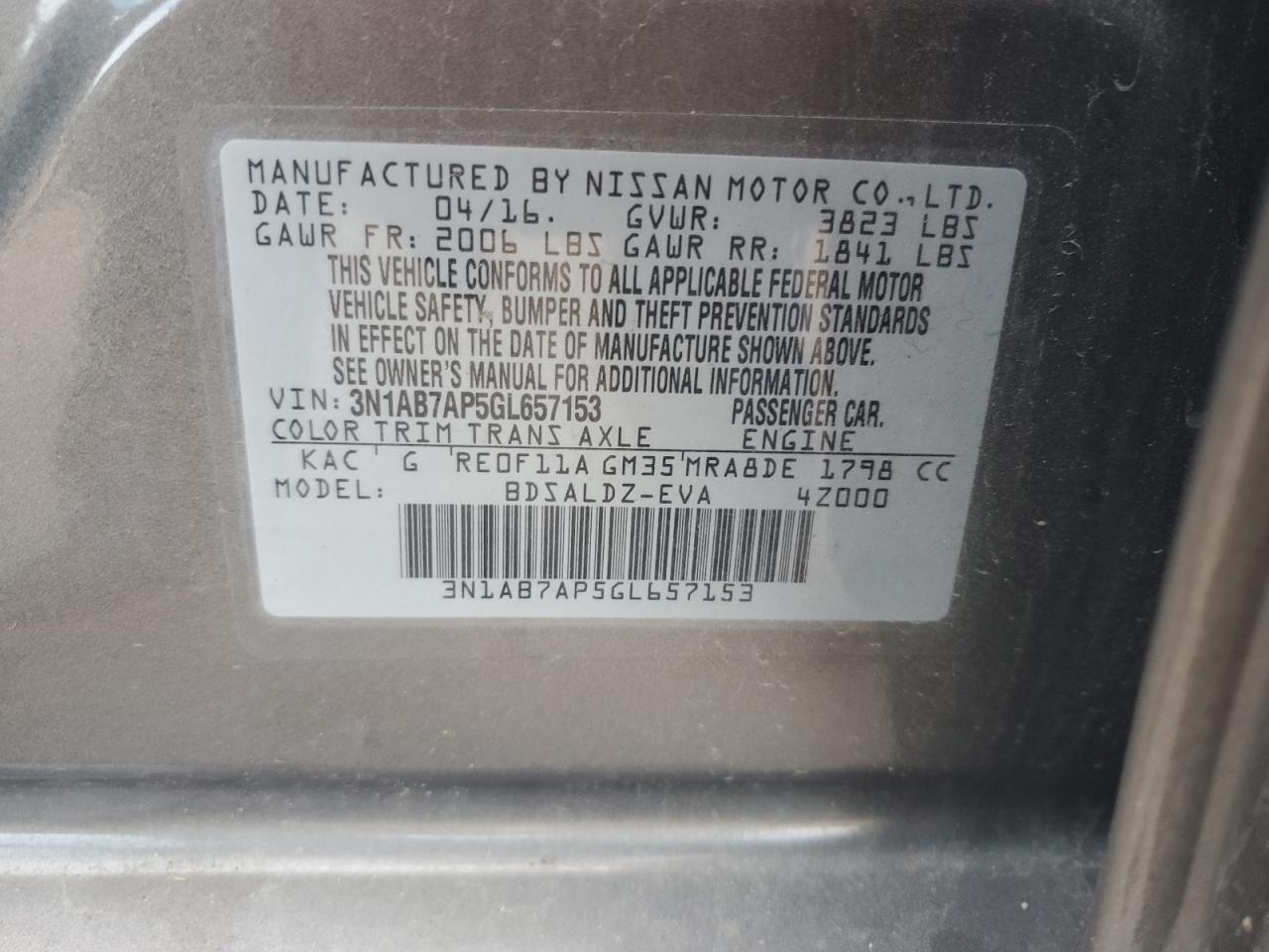 2016 Nissan Sentra VIN 3N1AB7AP5GL657153 Copart auction photo, front end / side damage thumbnail 14