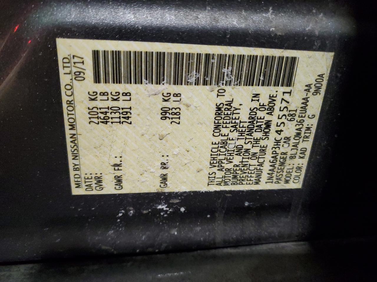 2017 Nissan Maxima VIN 1N4AA6AP3HC455571 Copart auction photo, vandalism damage thumbnail 12