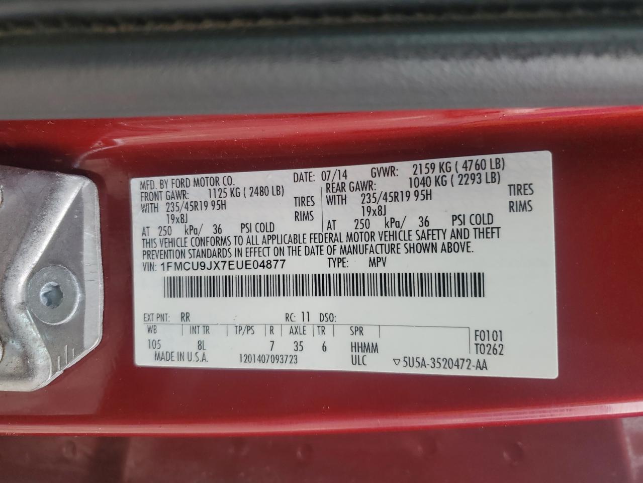 2014 Ford Escape VIN 1FMCU9JX7EUE04877 Copart auction photo, rear end / undercarriage damage thumbnail 13