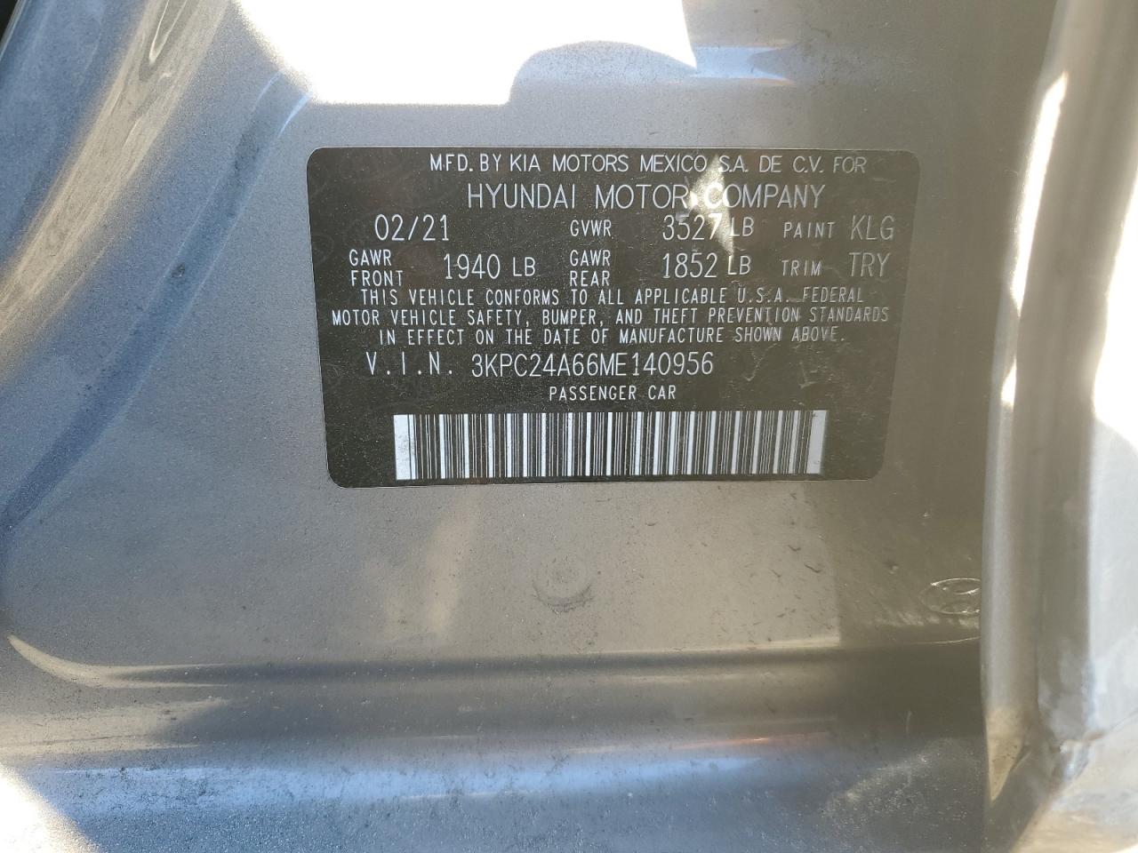 2021 Hyundai Accent VIN 3KPC24A66ME140956 Copart auction photo, rear end / front end damage thumbnail 12
