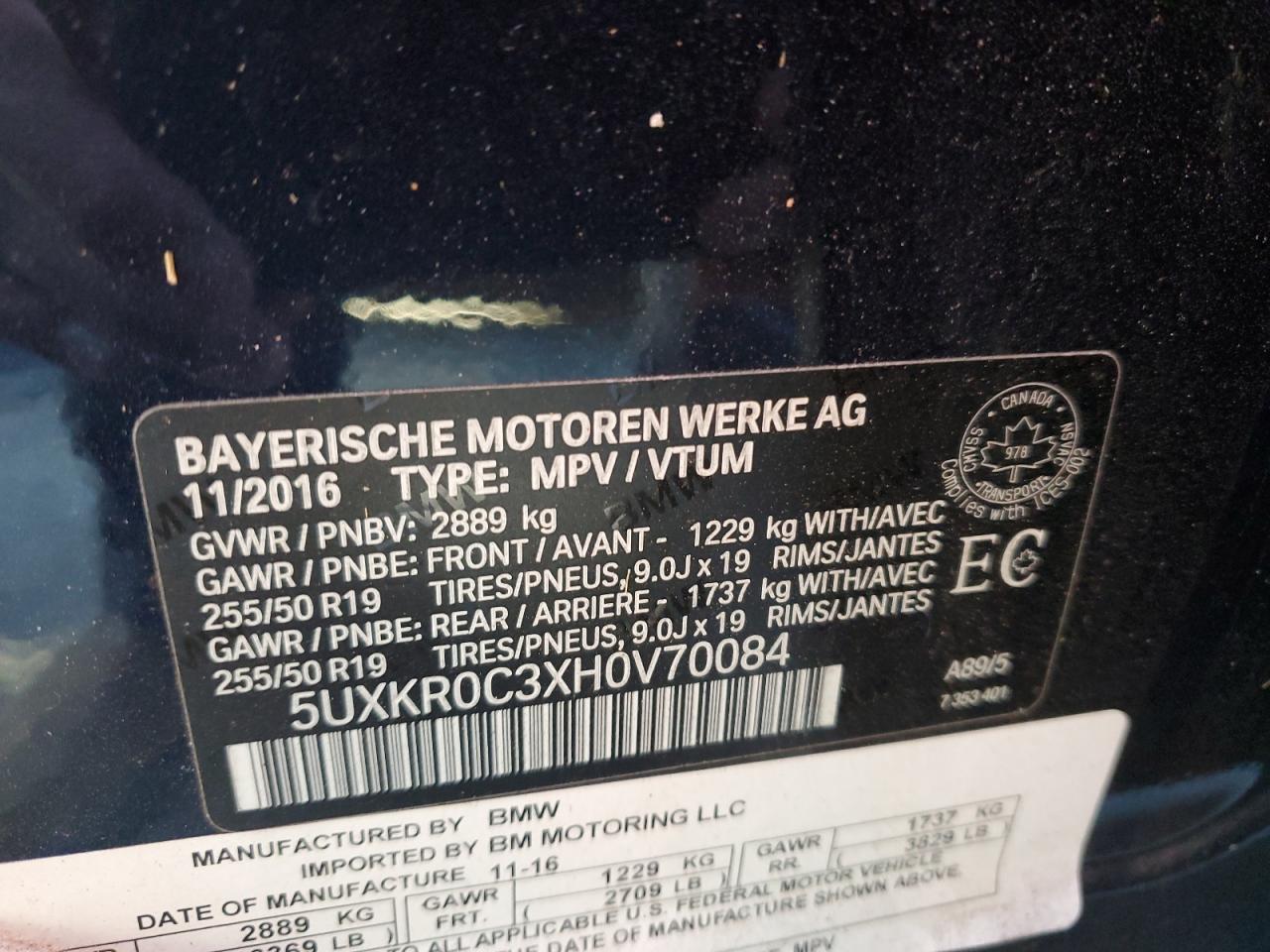 2017 BMW X5 VIN 5UXKR0C3XH0V70084 Copart auction photo, front end damage thumbnail 14