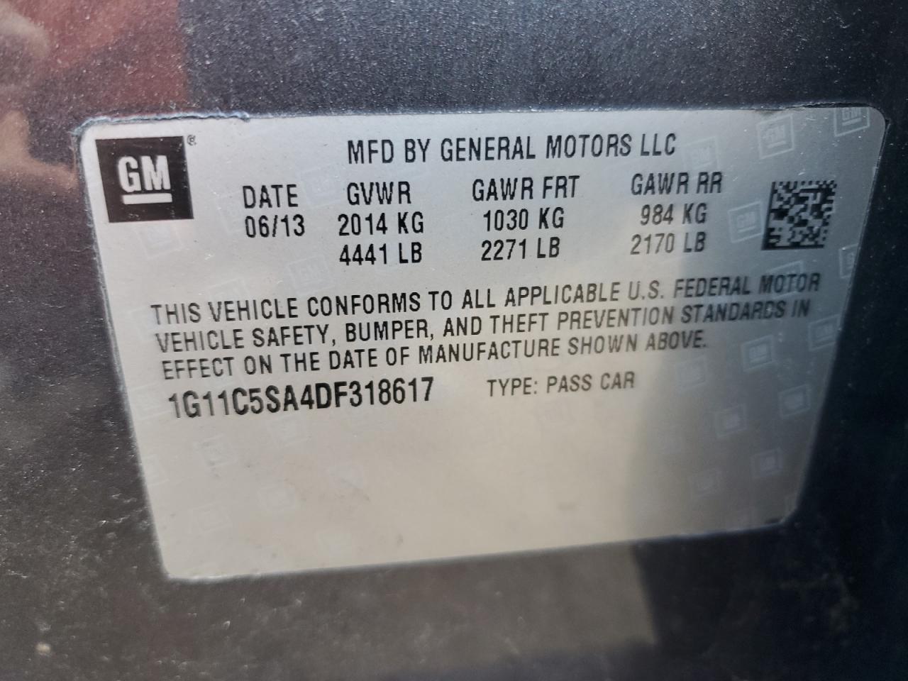 2013 Chevrolet Malibu VIN 1G11C5SA4DF318617 Copart auction photo, side / rear end damage thumbnail 12