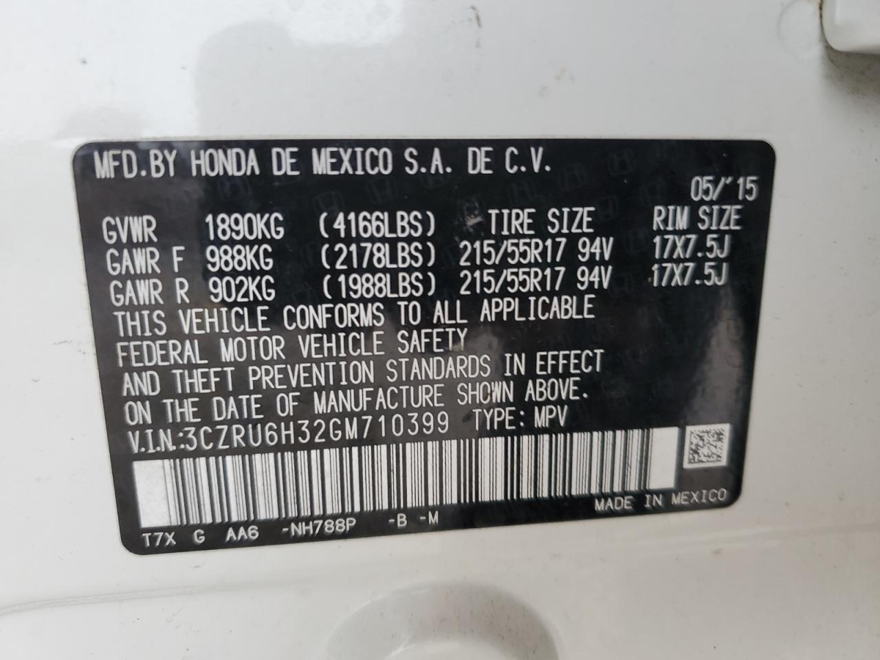 2016 Honda HR-V VIN 3CZRU6H32GM710399 Copart auction photo, water/flood / minor dent/scratches damage thumbnail 14