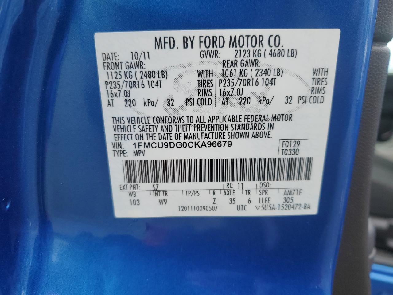 2012 Ford Escape VIN 1FMCU9DG0CKA96679 Copart auction photo, front end damage thumbnail 13