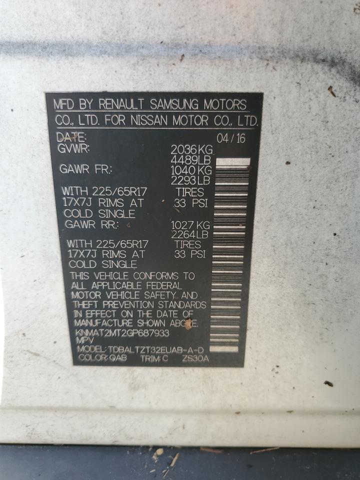 2016 Nissan Rogue VIN KNMAT2MT2GP687933 Copart auction photo, water/flood damage thumbnail 14