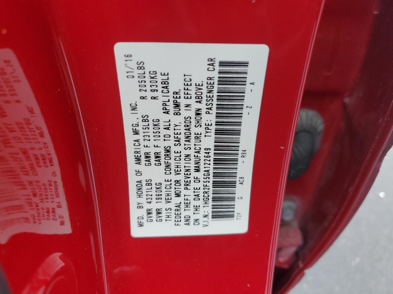 2016 Honda Accord VIN 1HGCR2F55GA122649 Copart auction photo, side / rear end damage thumbnail 13