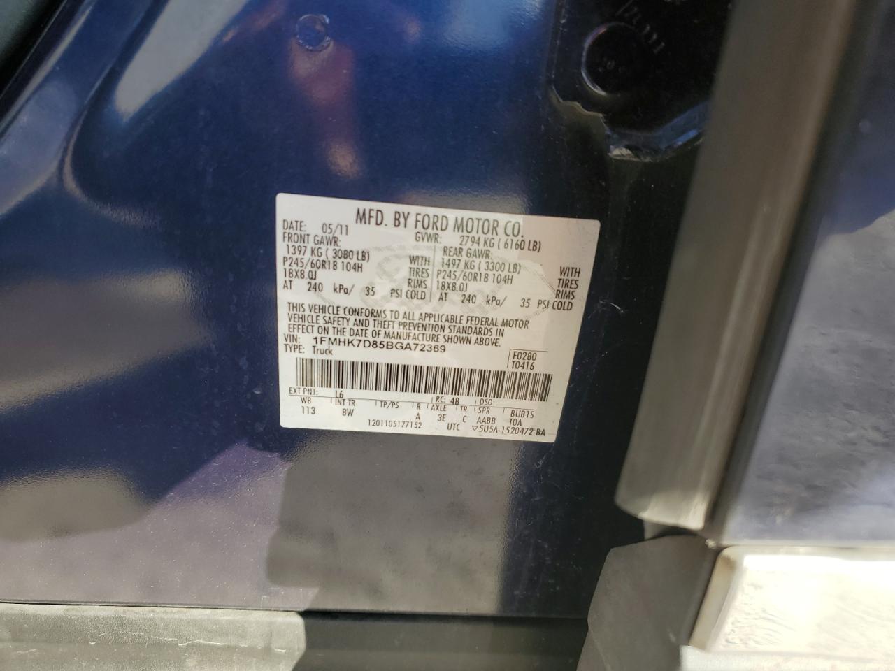 2011 Ford Explorer VIN 1FMHK7D85BGA72369 Copart auction photo, all over damage thumbnail 13
