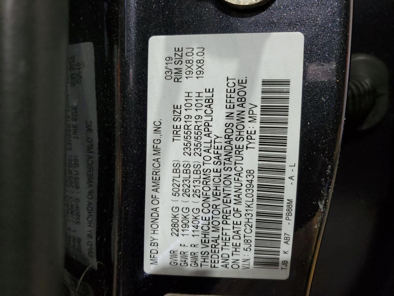 2019 Acura RDX VIN 5J8TC2H31KL039438 Copart auction photo, mechanical / minor dent/scratches damage thumbnail 13