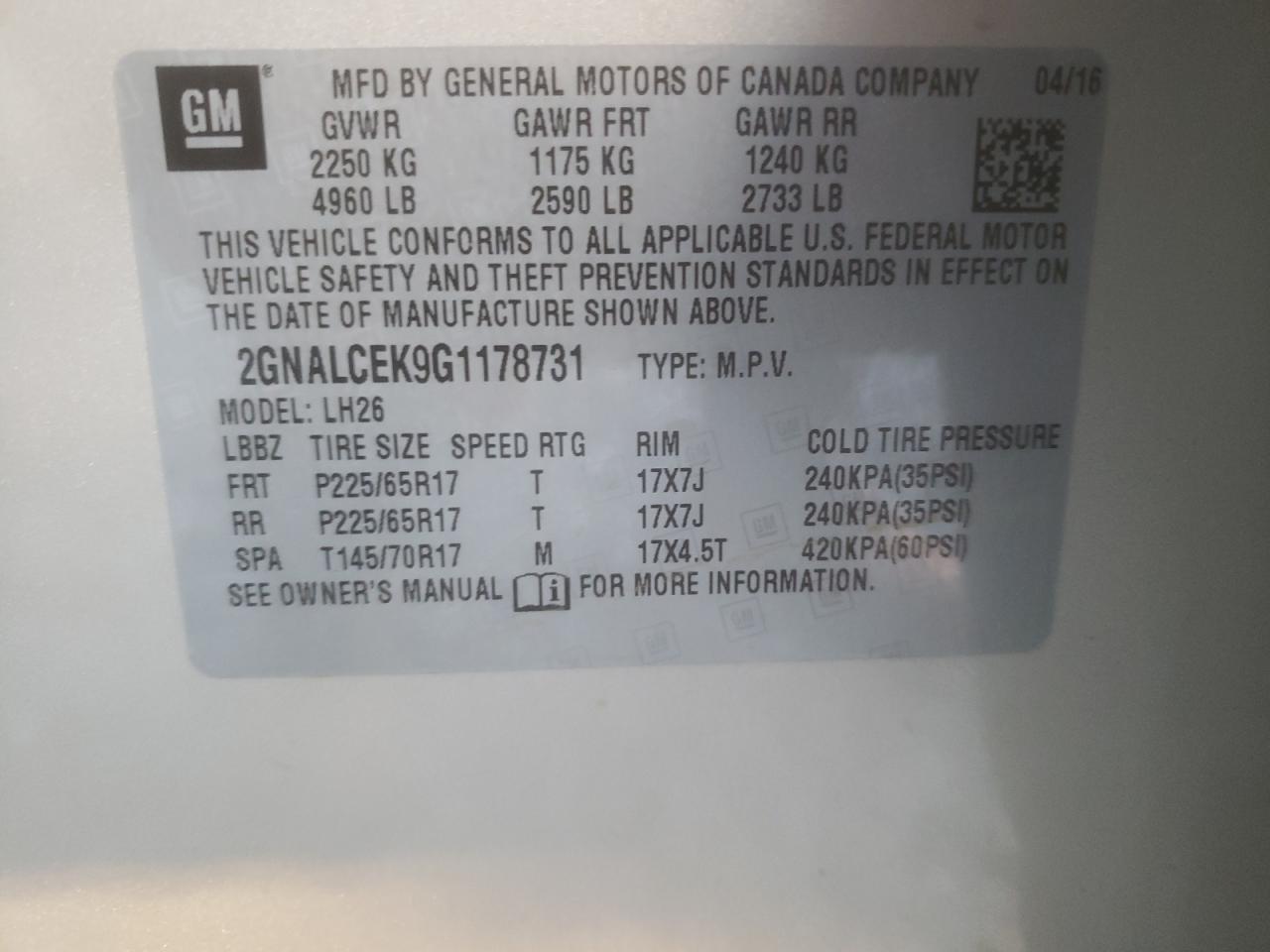 2016 Chevrolet Equinox VIN 2GNALCEK9G1178731 Copart auction photo, front end / side damage thumbnail 13
