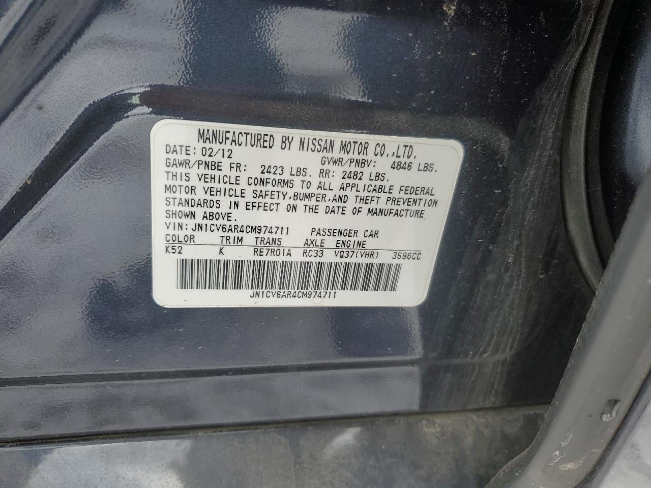 2012 Infiniti G VIN JN1CV6AR4CM974711 Copart auction photo, front end / rear end damage thumbnail 12