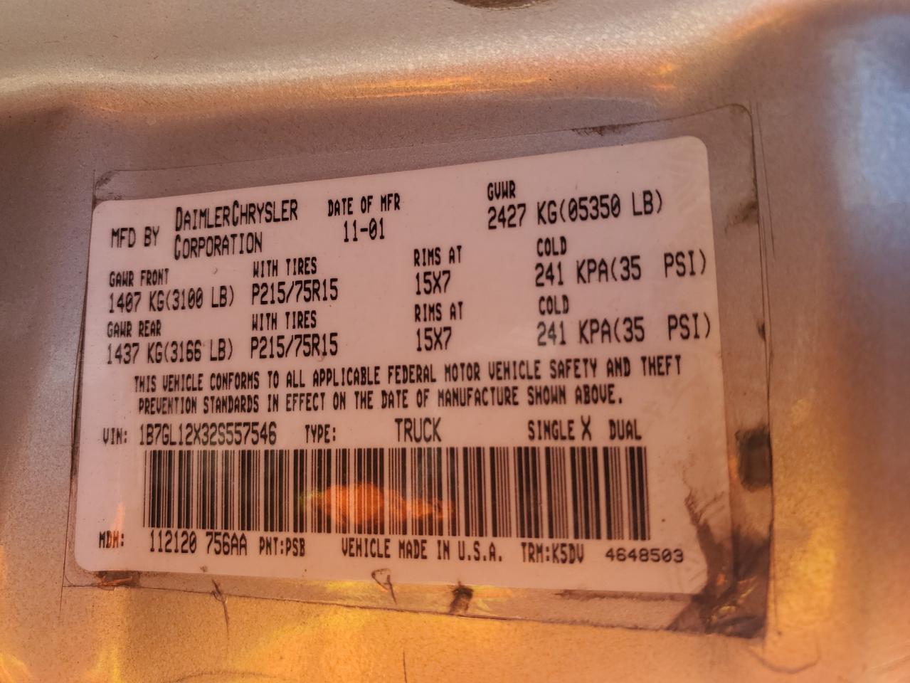 2002 Dodge Dakota VIN 1B7GL12X32S557546 Copart auction photo, rear end damage thumbnail 14