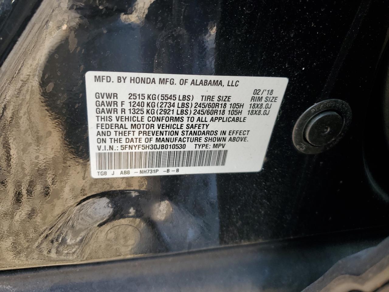 2018 Honda Pilot VIN 5FNYF5H30JB010530 Copart auction photo, rear end damage thumbnail 14
