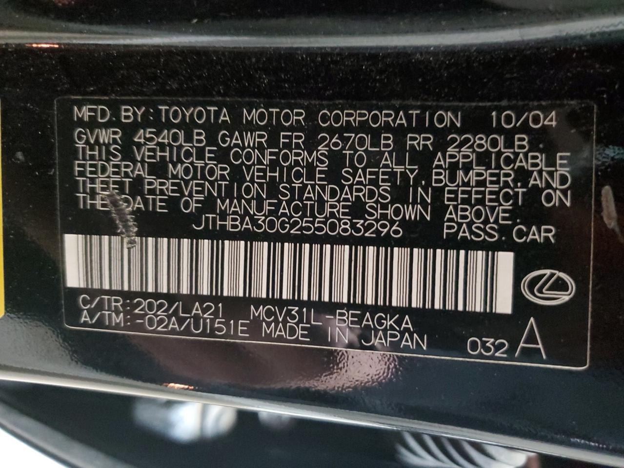 2005 Lexus ES VIN JTHBA30G255083296 Copart auction photo, rear end / side damage thumbnail 13