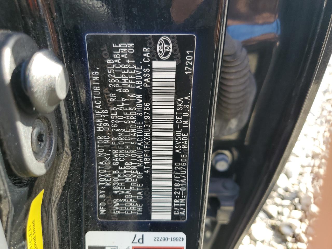 2017 Toyota Camry VIN 4T1BF1FKXHU319766 Copart auction photo, front end damage thumbnail 14