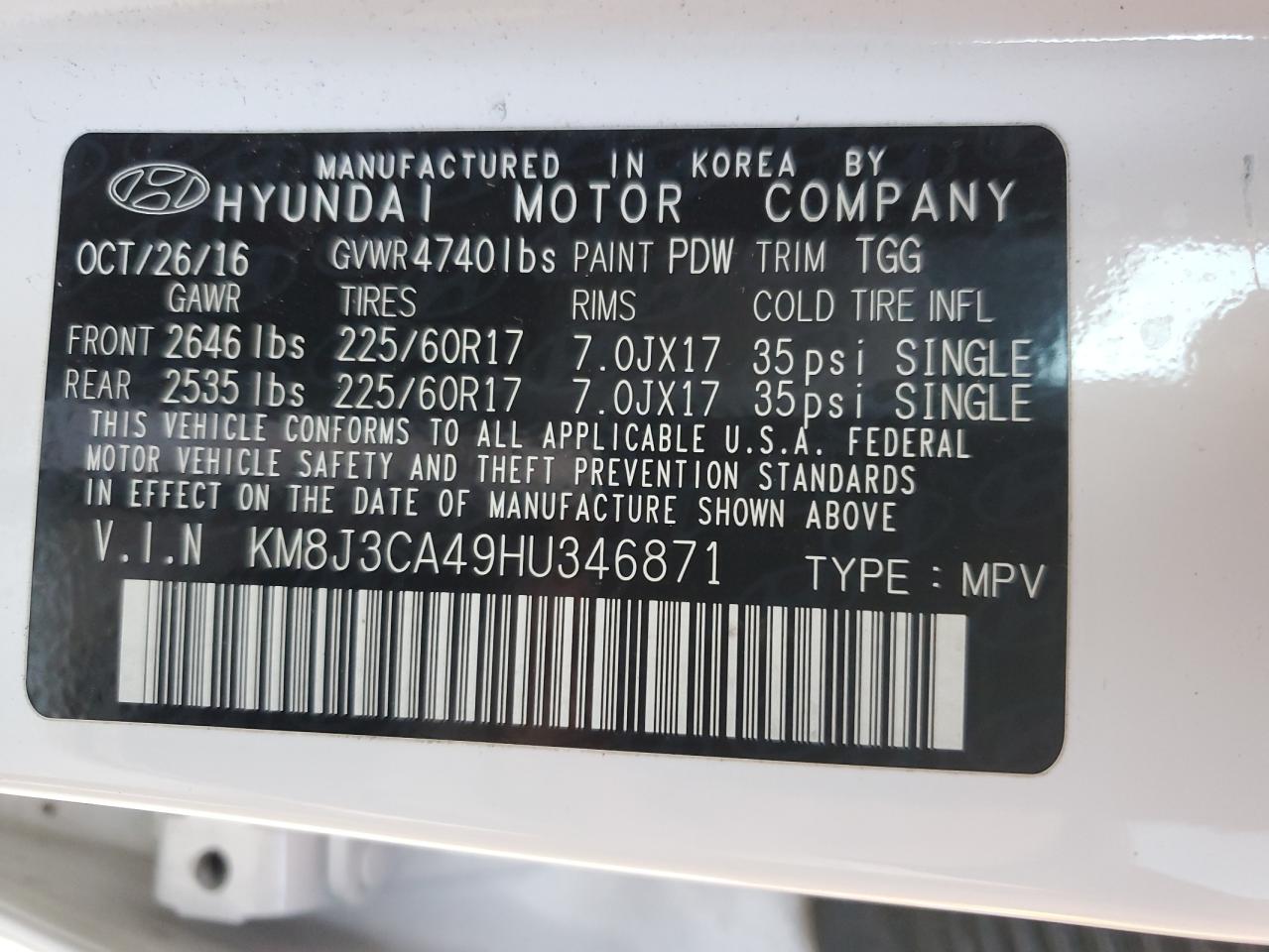 2017 Hyundai Tucson VIN KM8J3CA49HU346871 Copart auction photo, rear end damage thumbnail 13