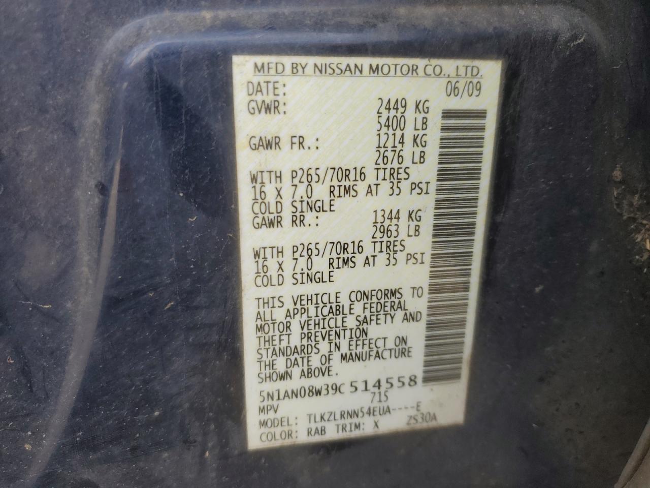 2009 Nissan XTerra VIN 5N1AN08W39C514558 Copart auction photo, minor dent/scratches damage thumbnail 13