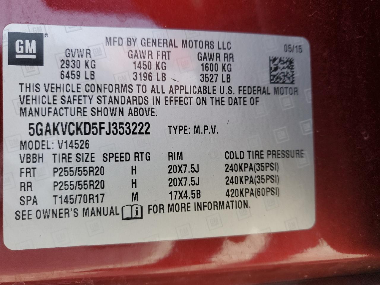 2015 Buick Enclave VIN 5GAKVCKD5FJ353222 Copart auction photo, front end damage thumbnail 13