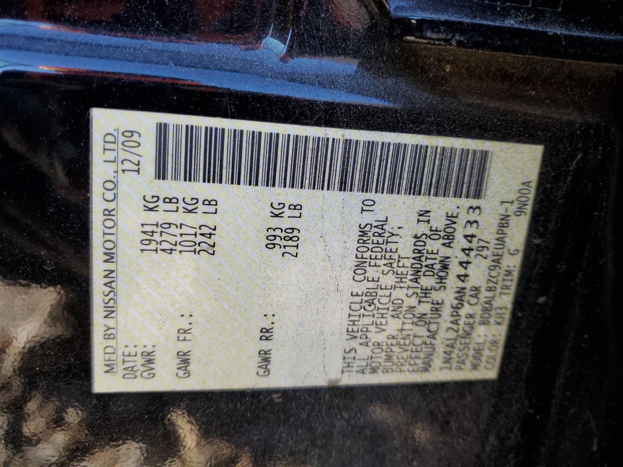2010 Nissan Altima VIN 1N4AL2AP6AN444433 Copart auction photo, front end damage thumbnail 12