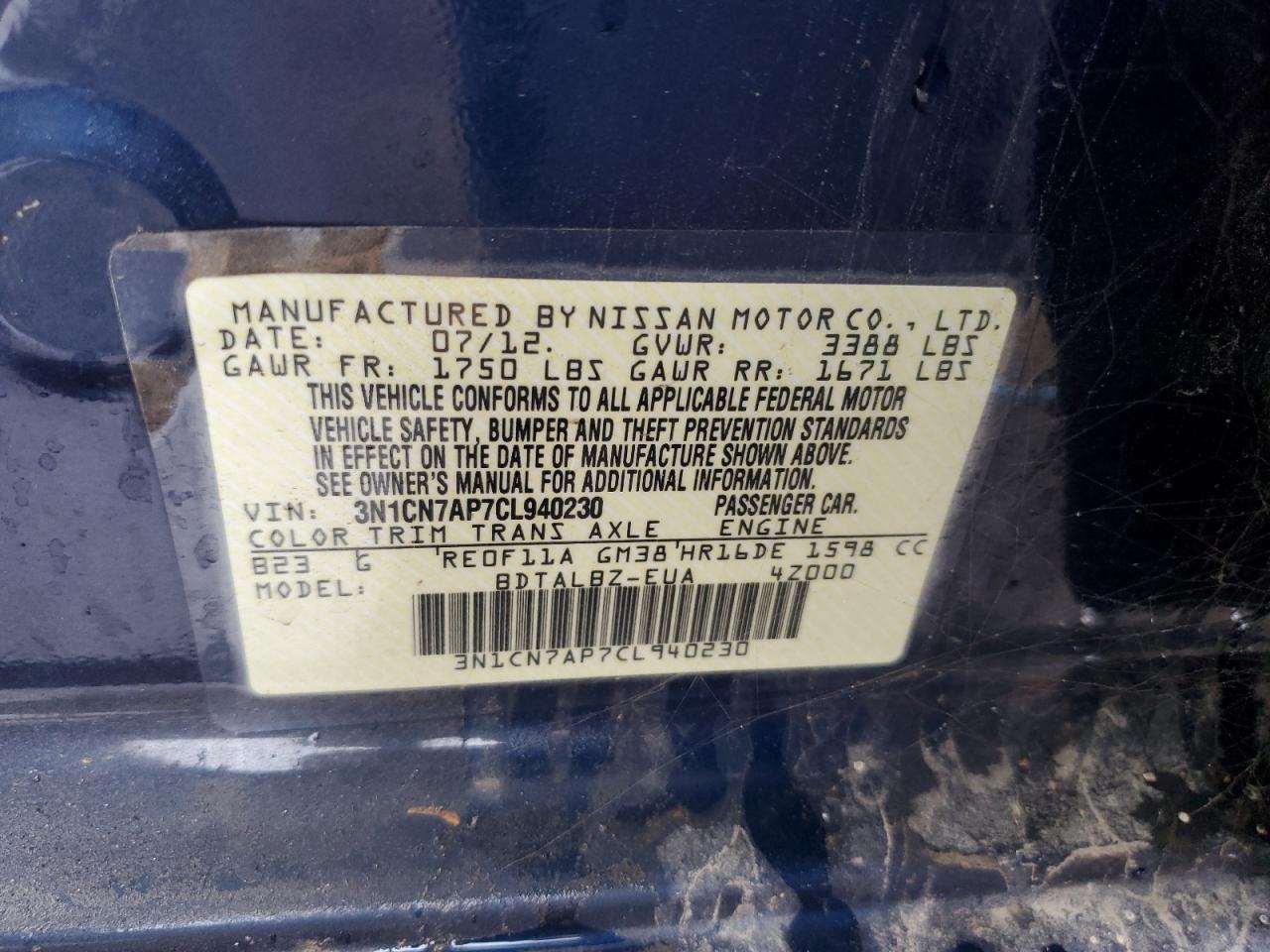 2012 Nissan Versa VIN 3N1CN7AP7CL940230 Copart auction photo, vandalism / front end damage thumbnail 12