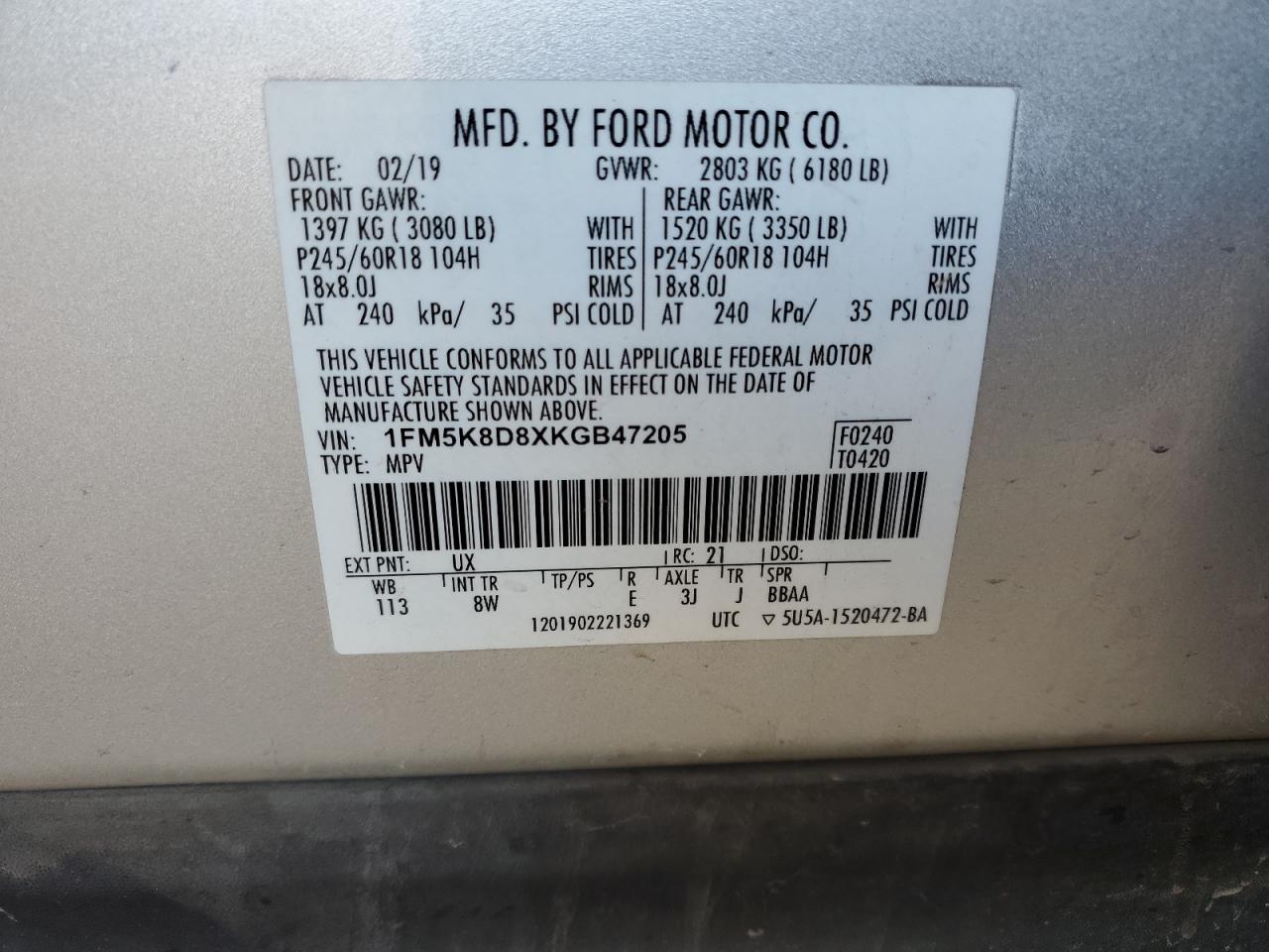 2019 Ford Explorer VIN 1FM5K8D8XKGB47205 Copart auction photo, front end damage thumbnail 16
