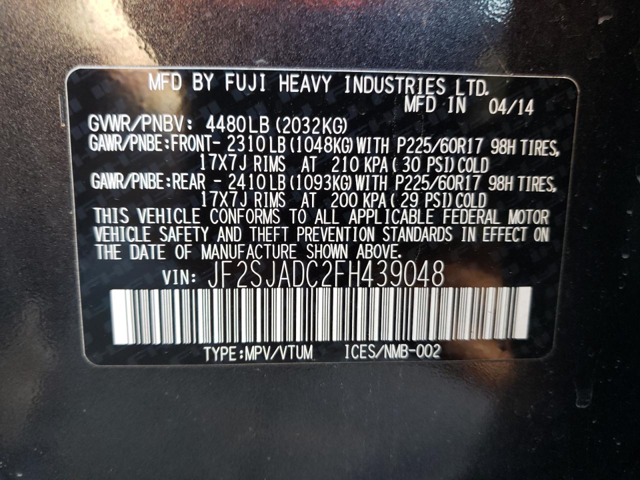 2015 Subaru Forester VIN JF2SJADC2FH439048 Copart auction photo, front end / minor dent/scratches damage thumbnail 13