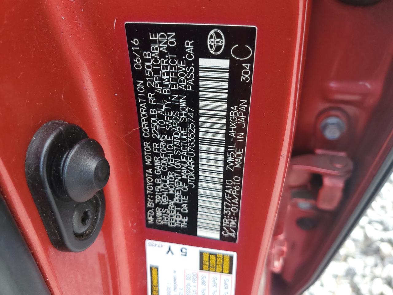 2016 Toyota Prius VIN JTDKARFU7G3525747 Copart auction photo, front end damage thumbnail 12