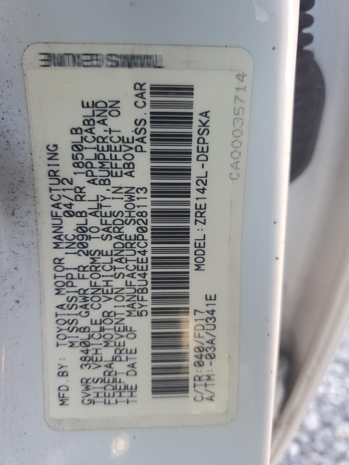 2012 Toyota Corolla VIN 5YFBU4EE4CP028113 Copart auction photo, rear end damage thumbnail 12