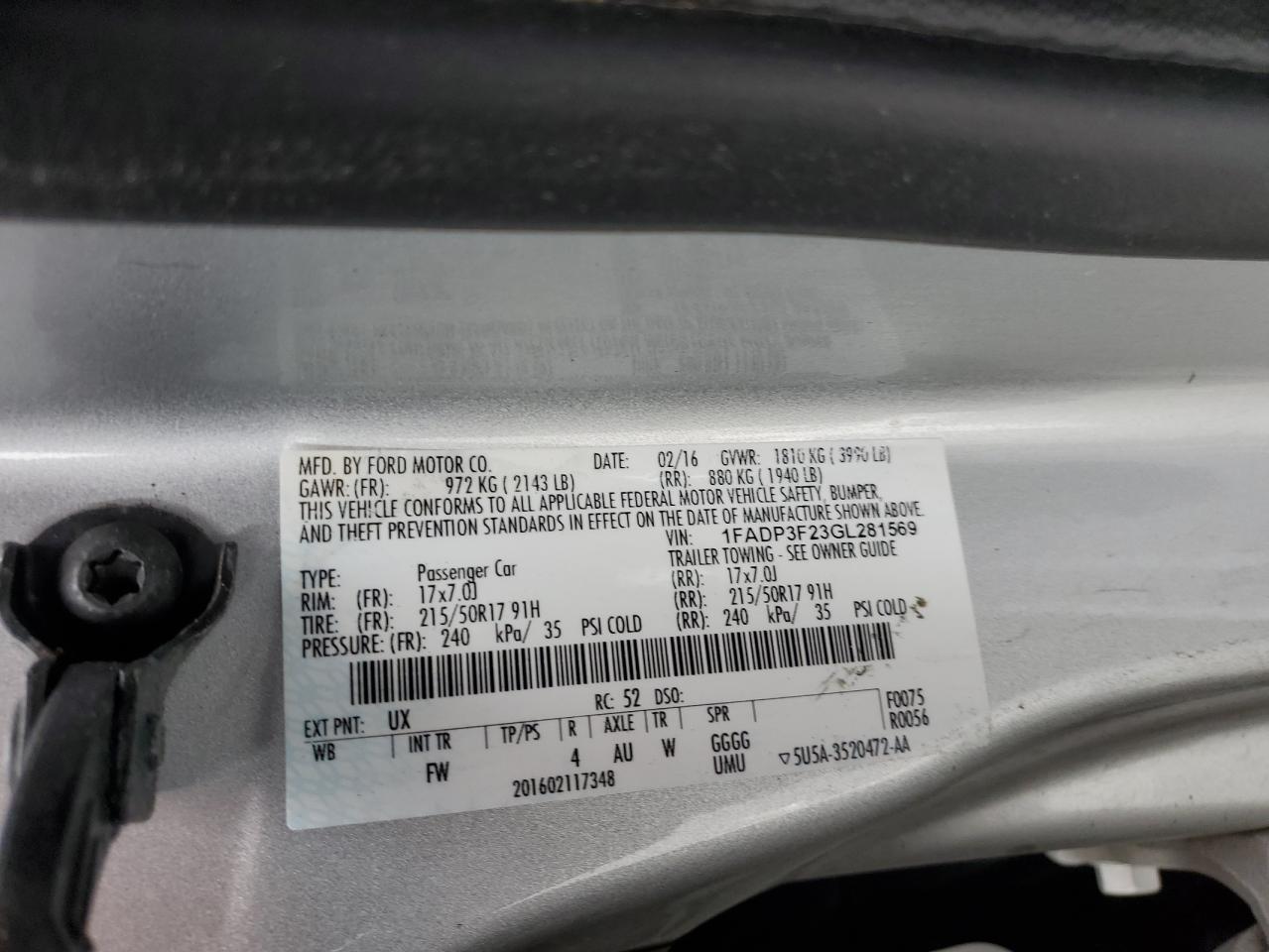 2016 Ford Focus VIN 1FADP3F23GL281569 Copart auction photo, front end damage thumbnail 14