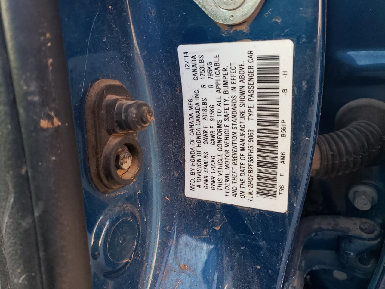2015 Honda Civic VIN 2HGFB2F58FH519063 Copart auction photo, water/flood damage thumbnail 13