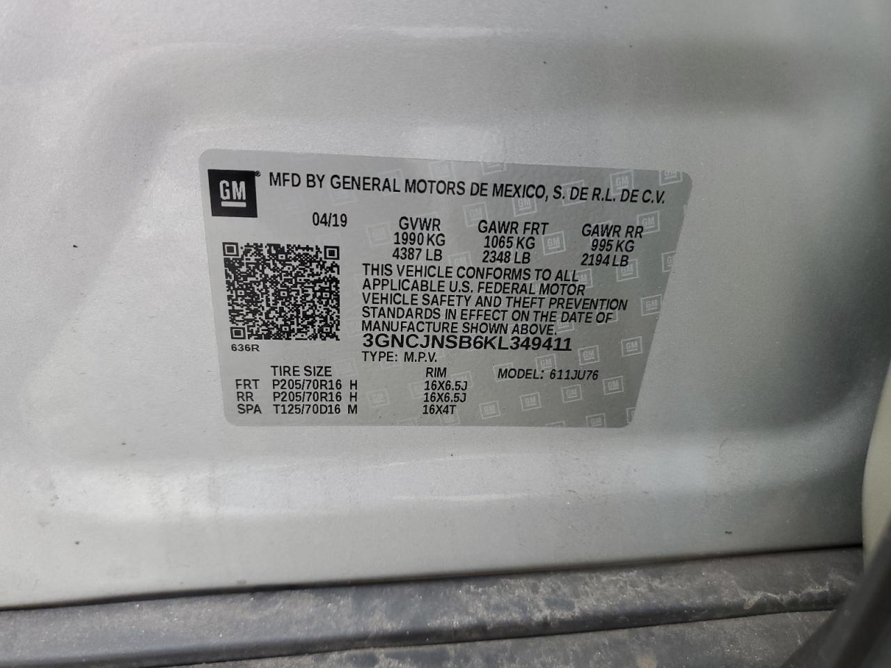 2019 Chevrolet Trax VIN 3GNCJNSB6KL349411 Copart auction photo, front end / rear end damage thumbnail 13