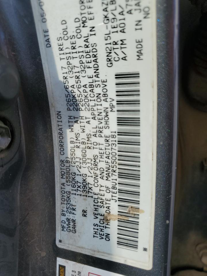 2005 Toyota 4Runner VIN JTEBU17R550073181 Copart auction photo, burn damage thumbnail 12