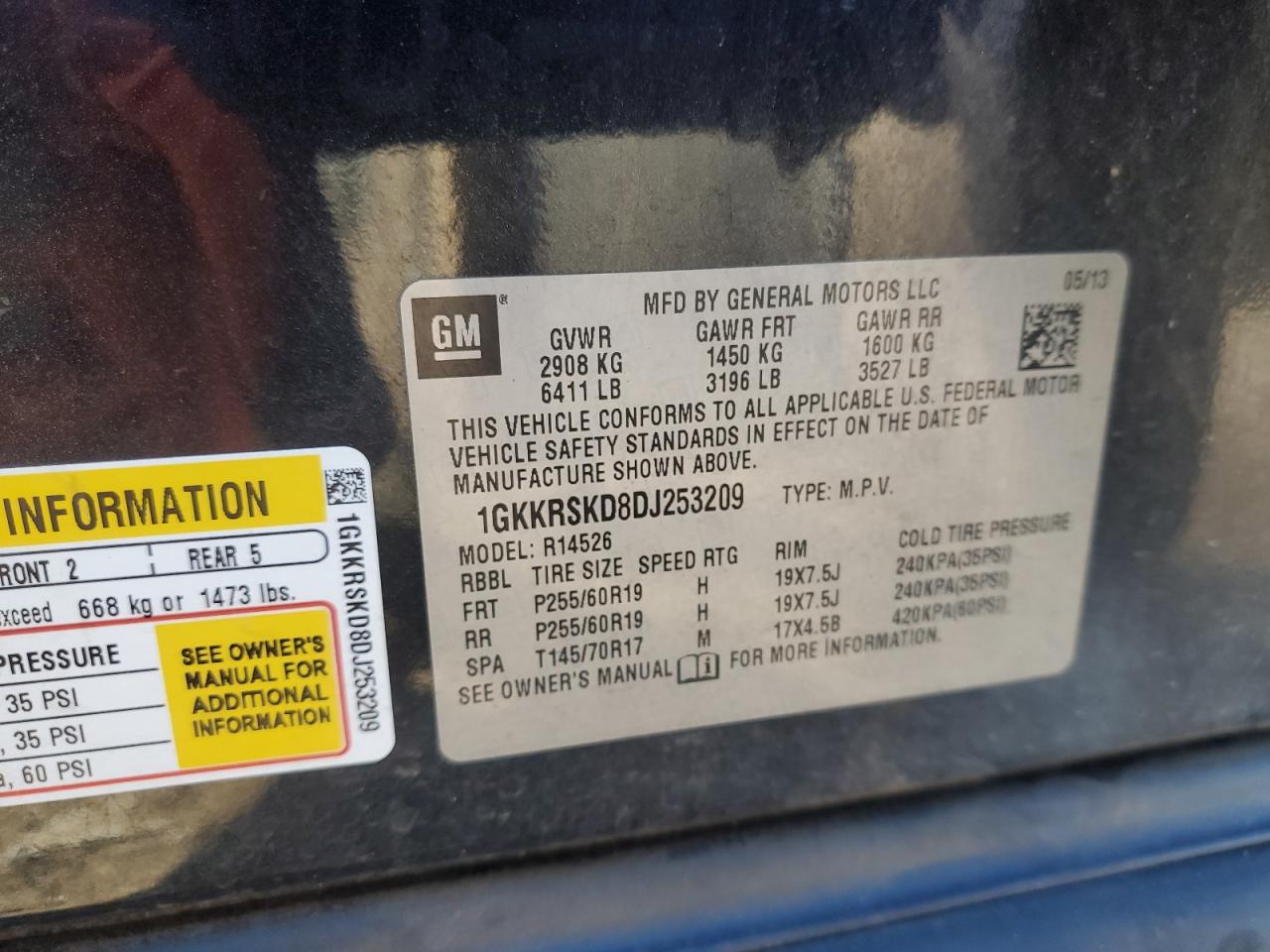 2013 GMC Acadia VIN 1GKKRSKD8DJ253209 Copart auction photo, rear end damage thumbnail 14