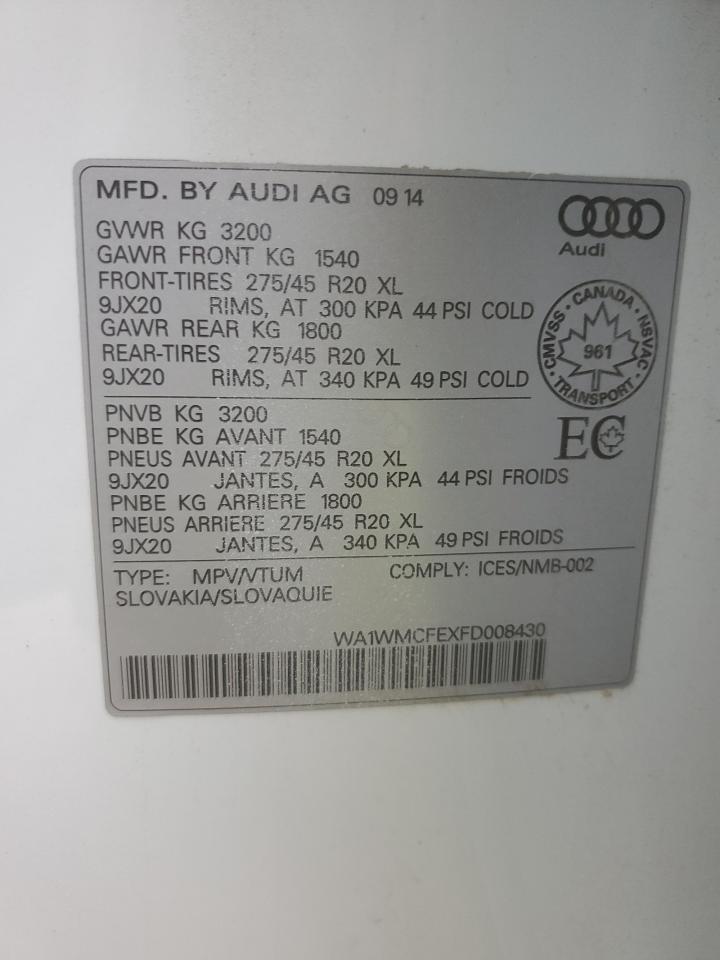 2015 Audi Q7 VIN WA1WMCFEXFD008430 Copart auction photo, front end / undercarriage damage thumbnail 14